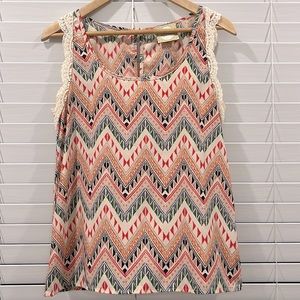 Alythea Small chevron Axtec print blouse, crochet lace accents